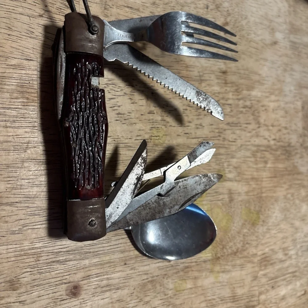Vintage Japan Hobo 11 Piece Multi-Tool Folding Knife Spoon Fork Brown Wood